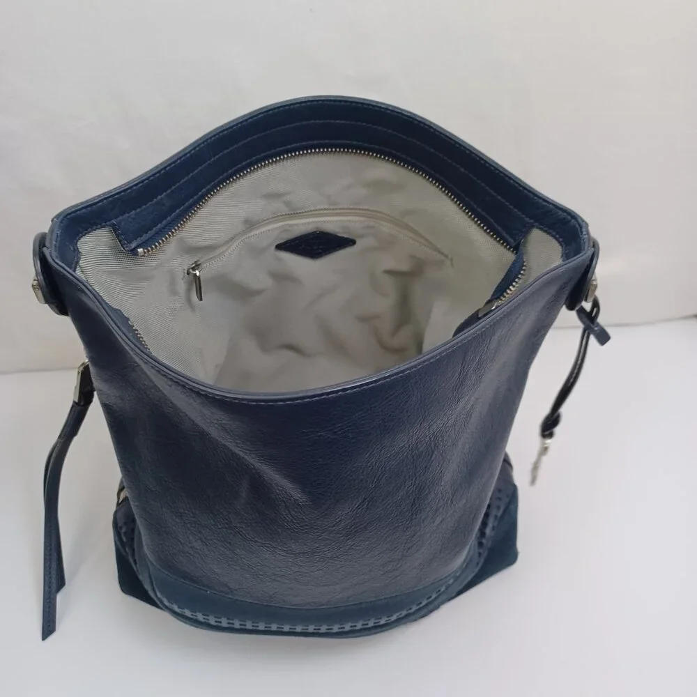 Fossil Bag Navy Blue Leather and Suede Zip Top‎ Hobo Shoulder Bucket Bag